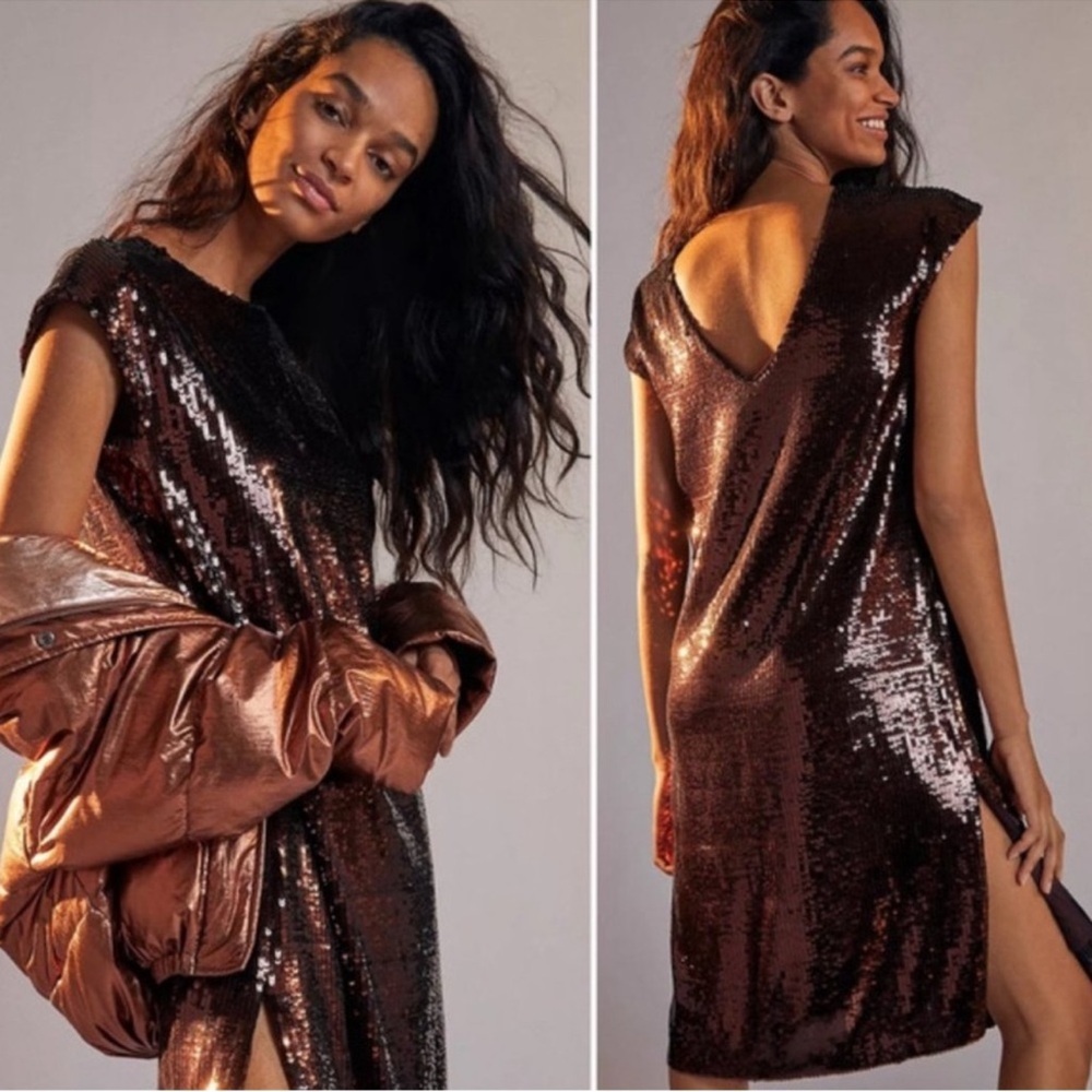 Anthropologie Maeve  Kara Sequined Brown Mini Dress sz S NWT